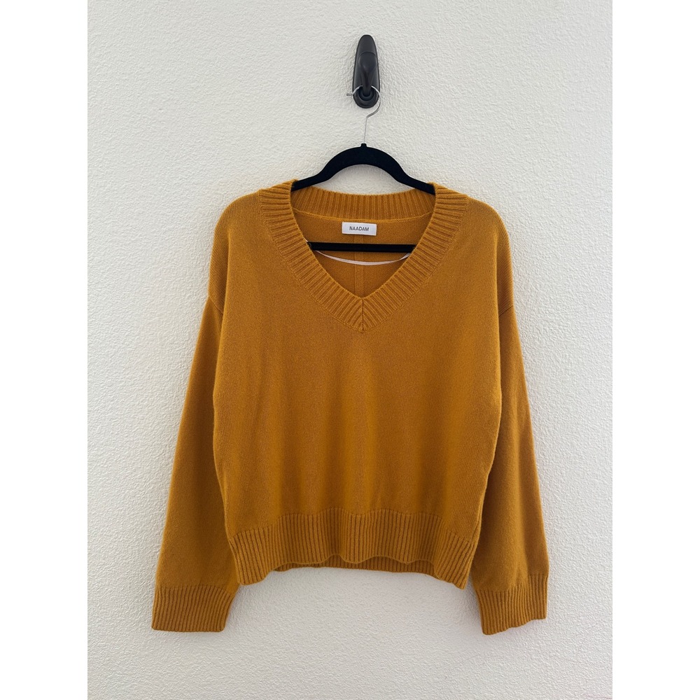 Naadam V-Neck Sweater Mustard Yellow Wool Cashmere Blend Ribbed Minimalist Small